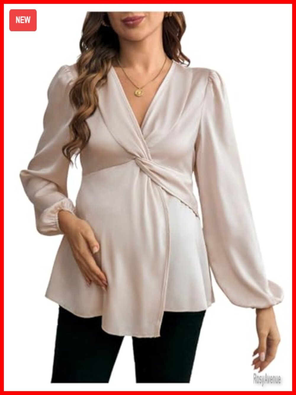 Maternity Satin Wrap Blouse Long Sleeve Flared Hem Ruffle Babydoll Top